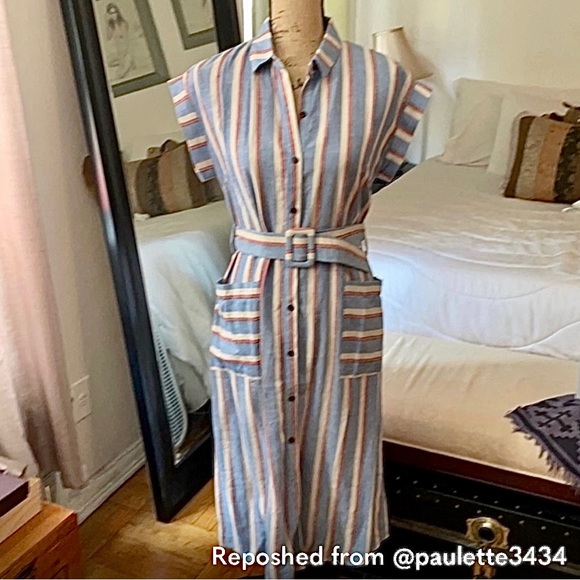 NWOT NORDSTROM Monteau Vintage Linen Blue & Orange Stripe Tie Dress size Small - Picture 1 of 7